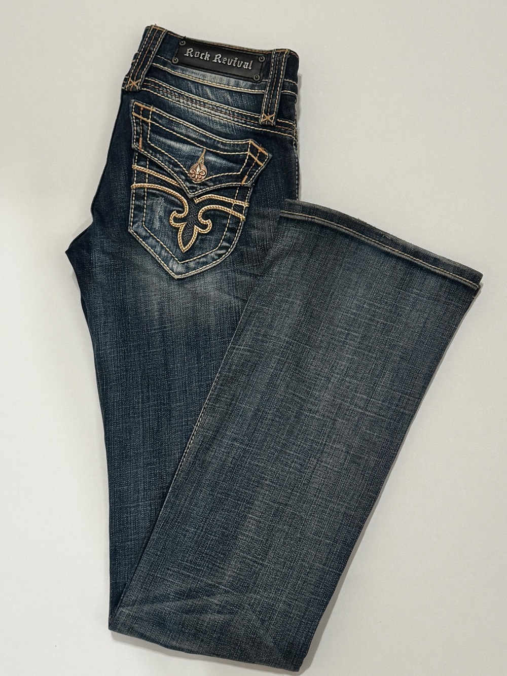 Rock Revival Christina Bootcut Jeans 26 Dark Wash Low Rise Y2K Flap Pocket